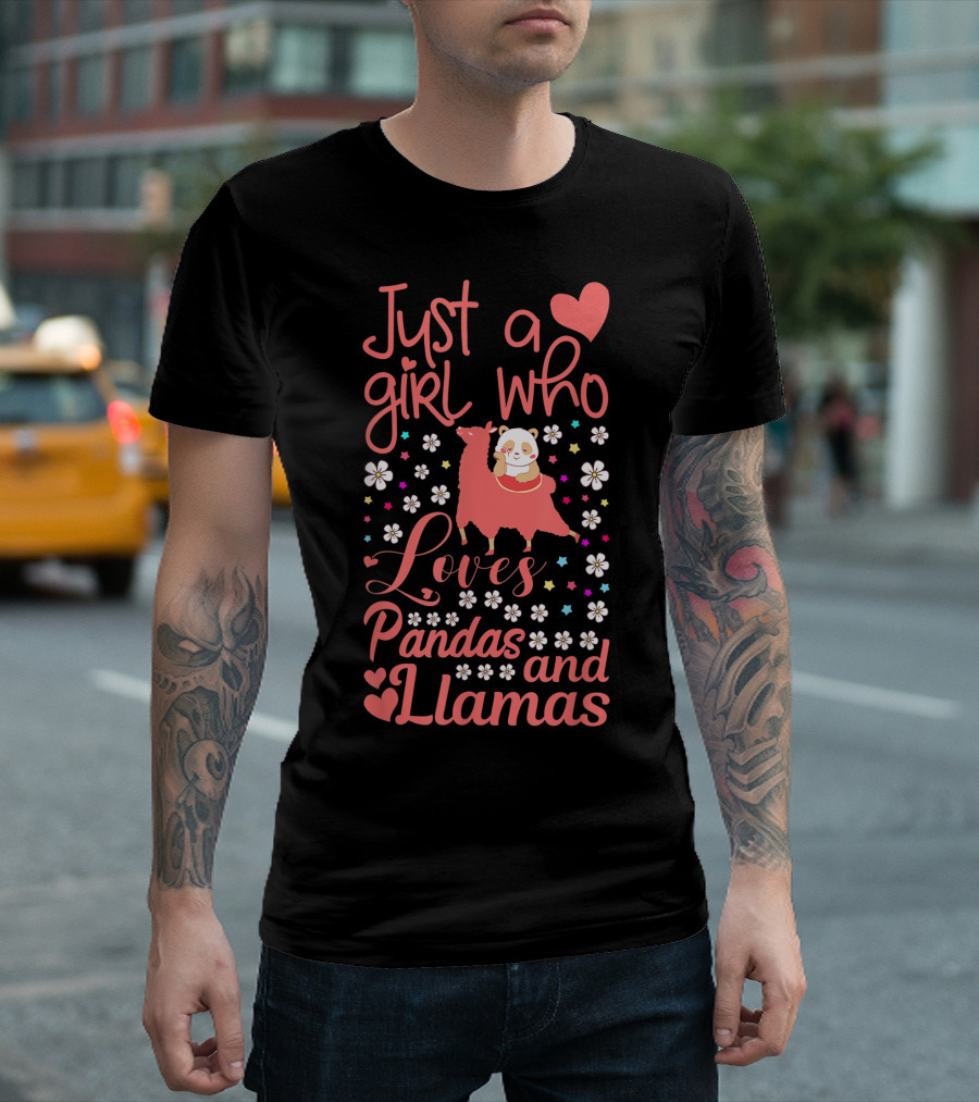 Just A Girl Who Loves Pandas and Llamas with Cute Floral Heart Elements T-Shirt
