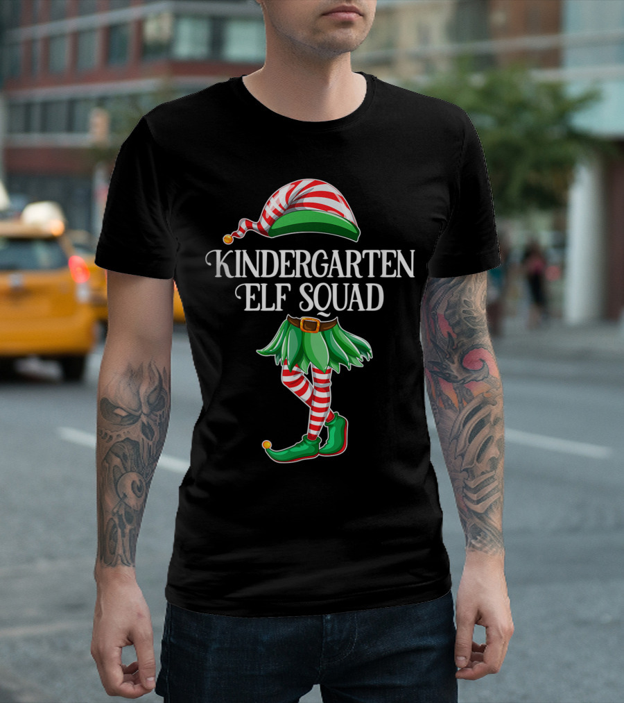 Kindergarten Elf Squad Christmas Costume Striped Tights and Hat T-Shirt