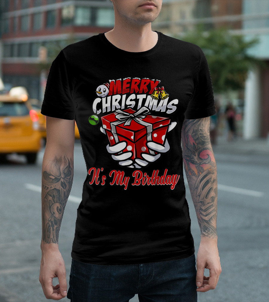 Merry Christmas Birthday With Snowman Present And Bells T-Shirt