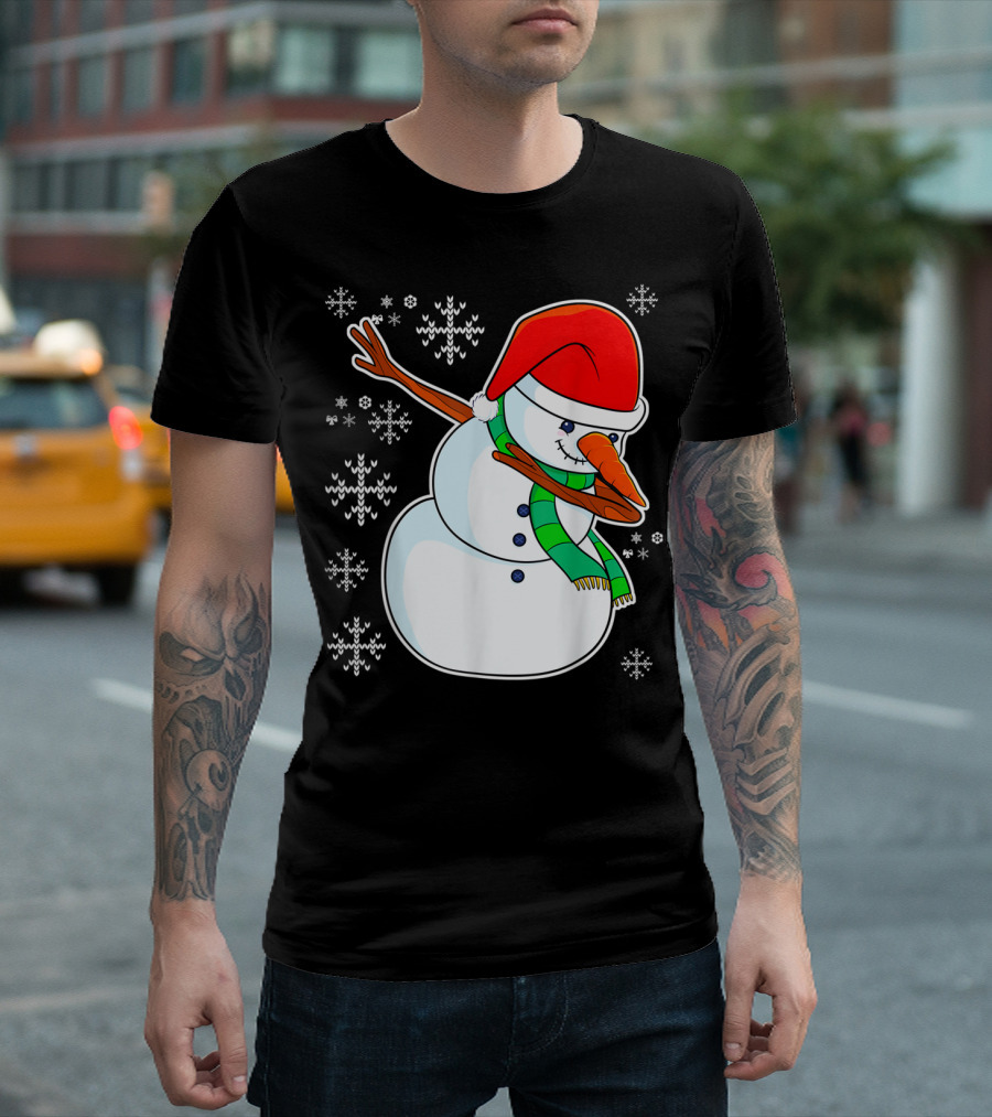 Merry Dabbing Snowman with Santa Hat and Scarf Snowflakes T-Shirt