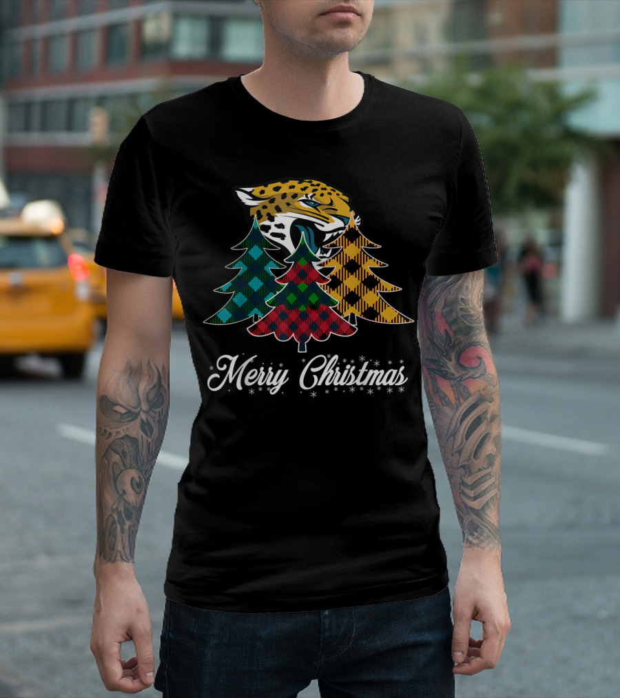 Merry Christmas Jaguars Plaid Trees Football Team T-Shirt