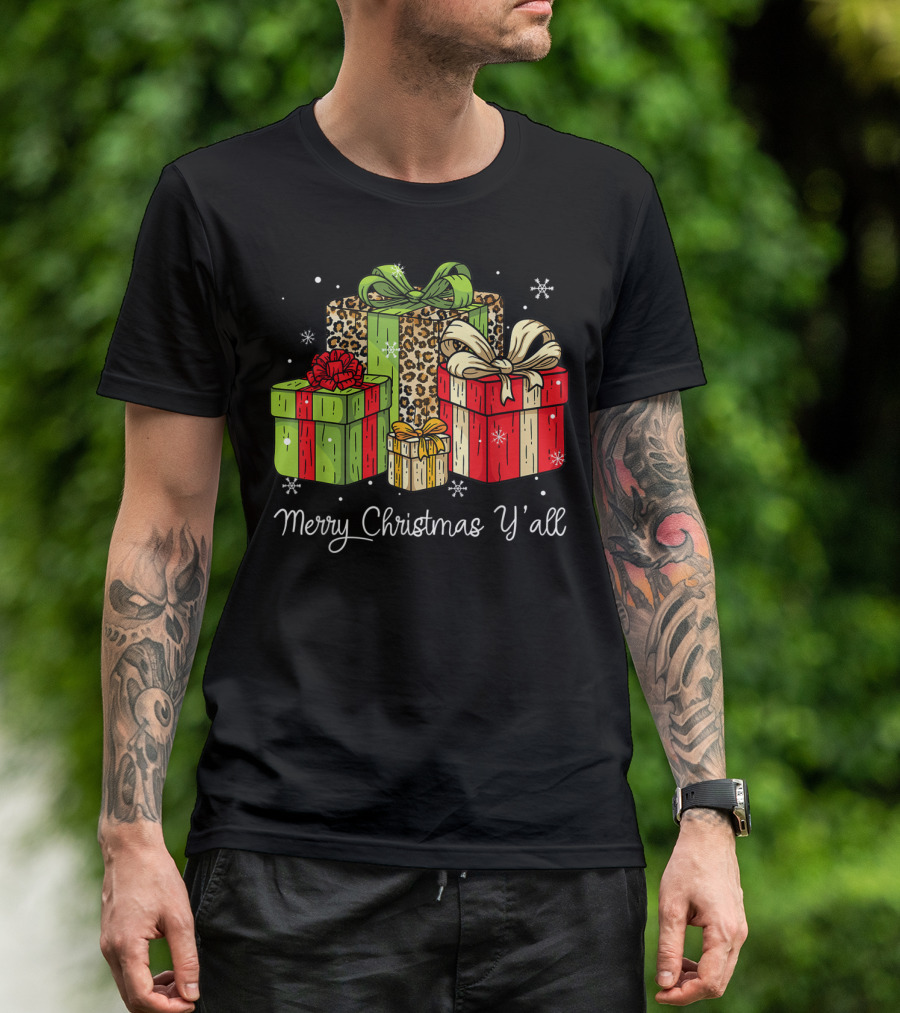 Merry Christmas Y'all Leopard Gift Boxes T-Shirt