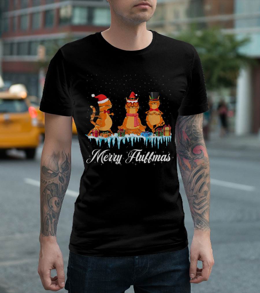 Merry Fluffmas Festive Cats in Santa and Winter Hats with Gifts T-Shirt