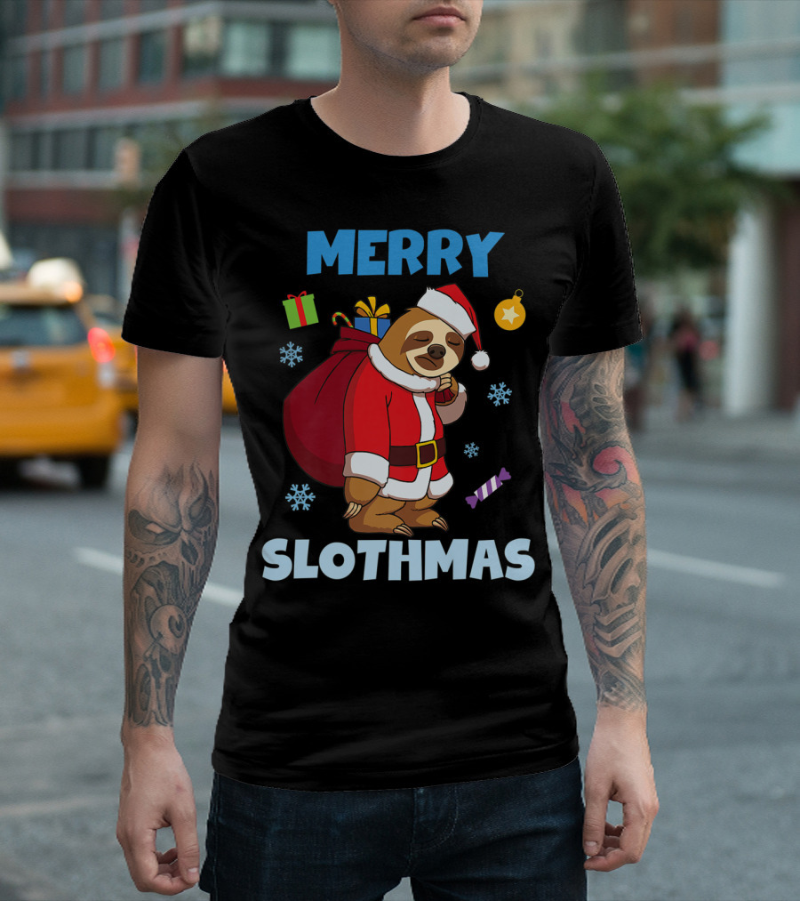 Merry Slothmas Christmas Sloth Santa With Gifts And Snowflakes T-Shirt