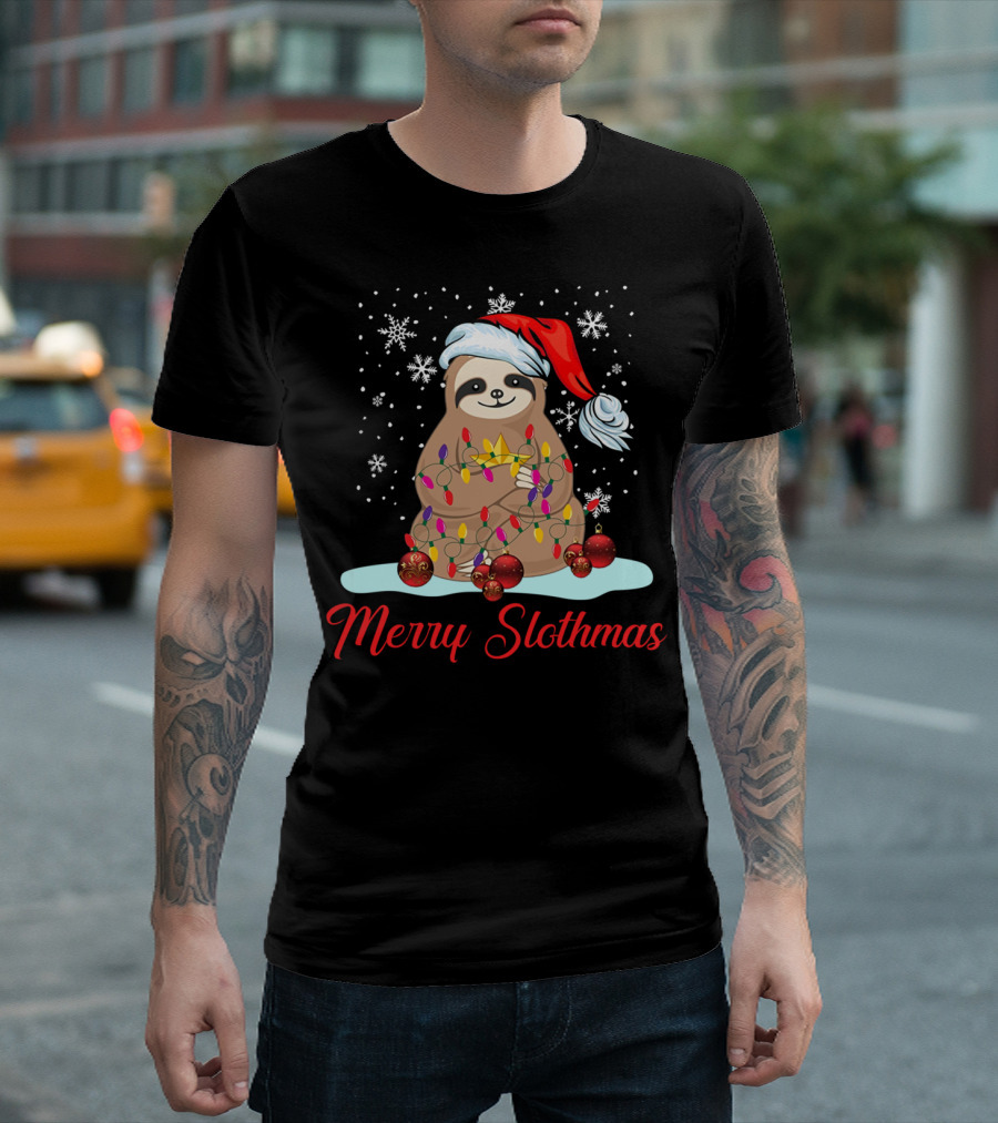 Merry Slothmas Christmas For Sloth with Santa Hat and Holiday Lights T-Shirt