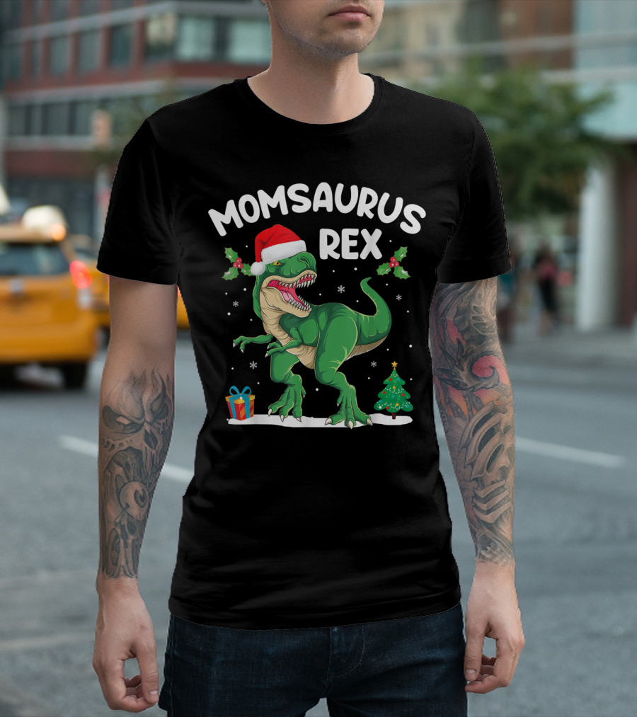 Momsaurus Rex Christmas Dinosaur Santa Hat Holly Tree Gift T-Shirt