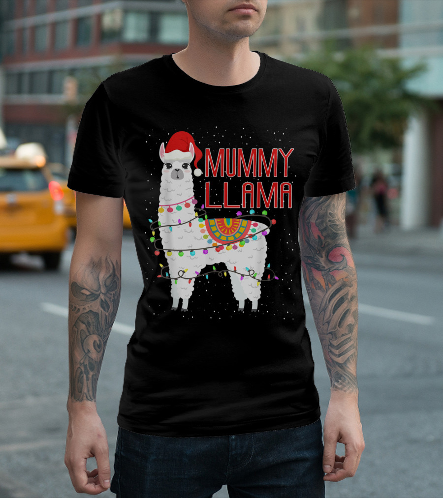 Mummy Llama Christmas Lights Festive Holiday Snow Santa Hat T-Shirt