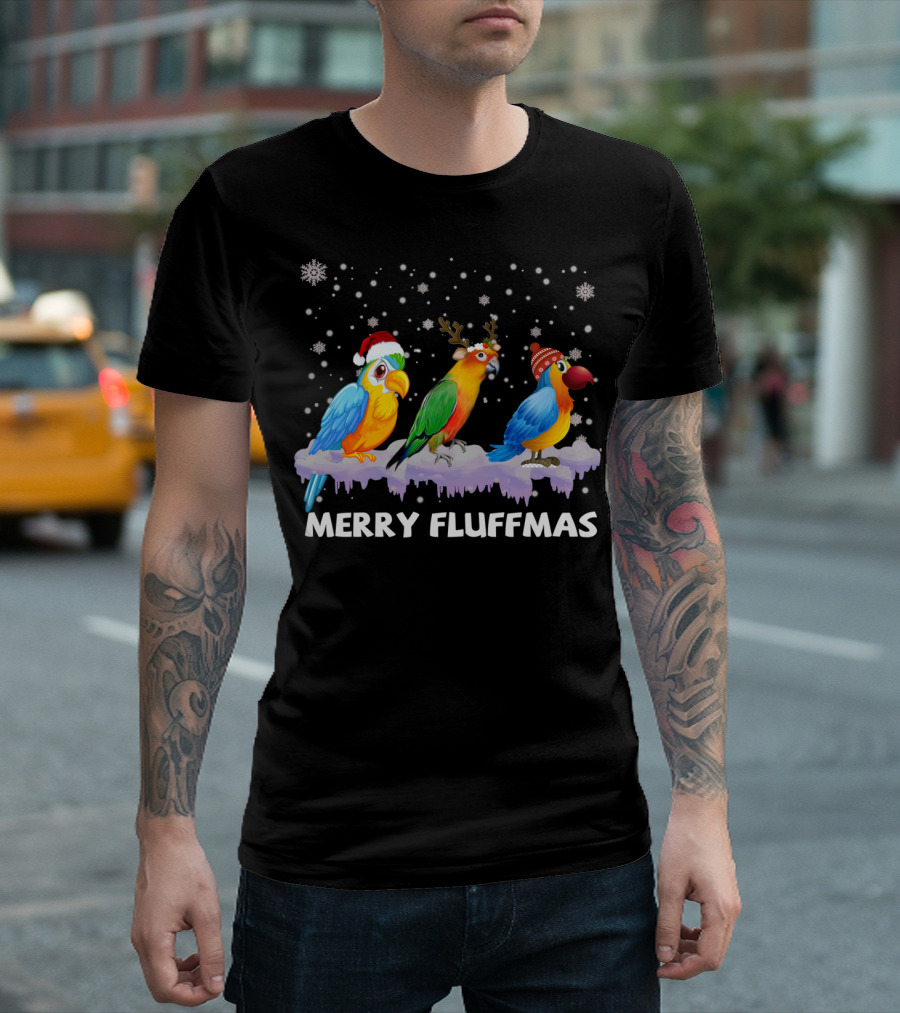 Merry Fluffmas Parrots with Santa Hats and Reindeer Antlers Snowflakes T-Shirt