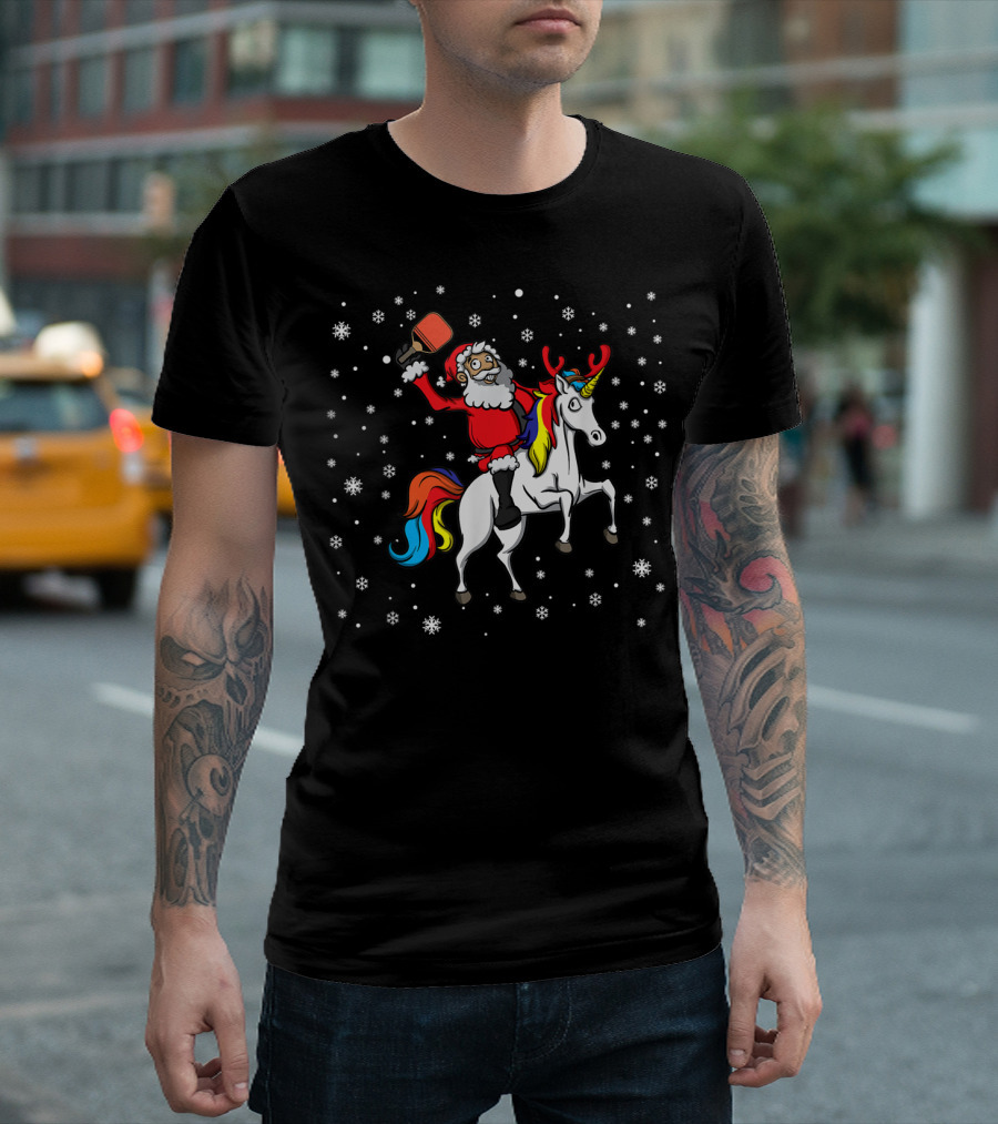 Santa Claus Riding Rainbow Unicorn Pickleball Player T-Shirt
