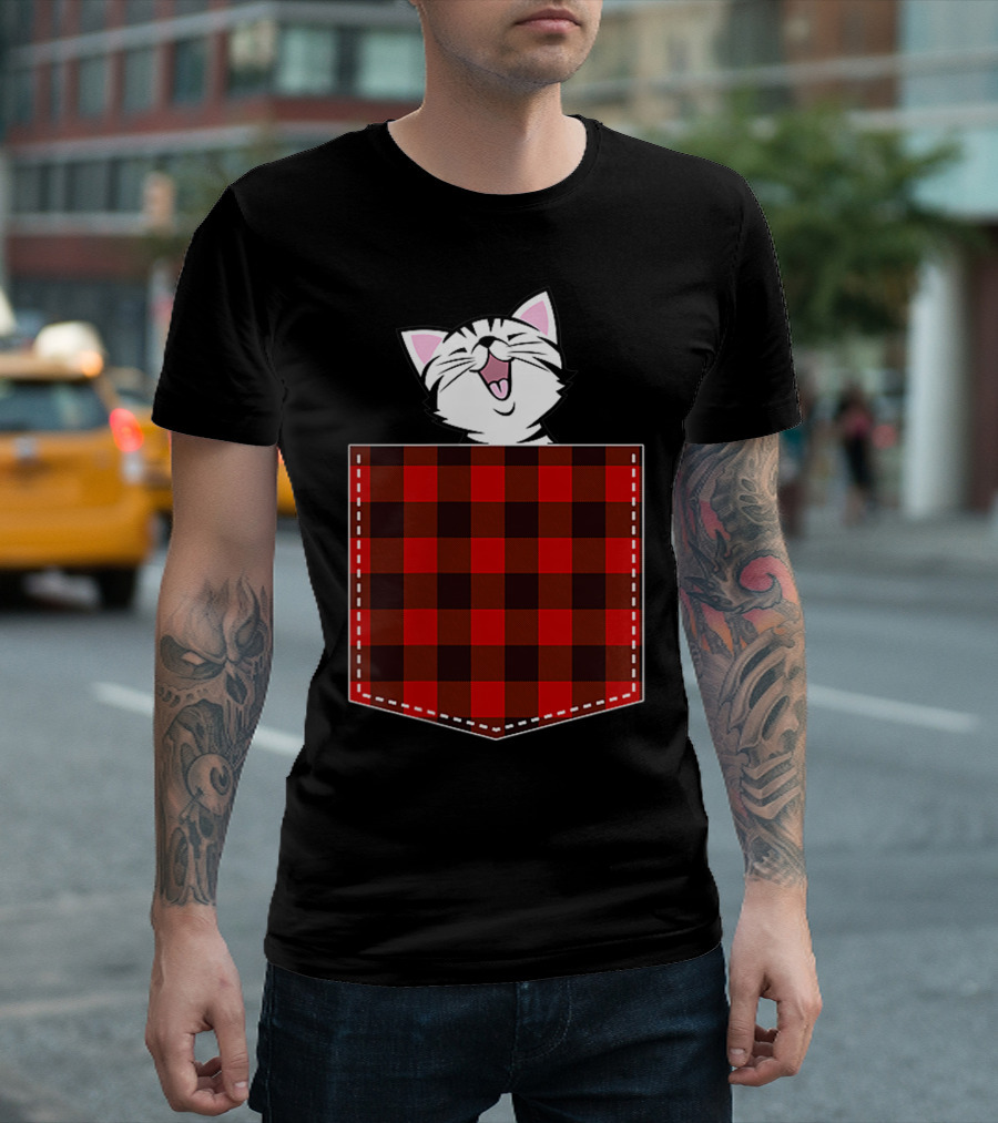 Red Plaid Pocket Cat Buffalo Check Family T-Shirt