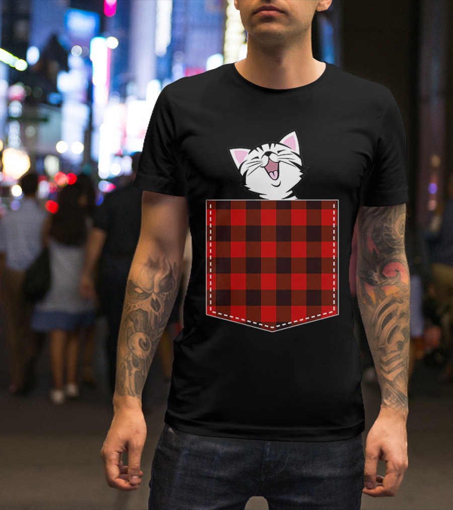 Red Plaid Pocket Cat Buffalo Check Family T-Shirt