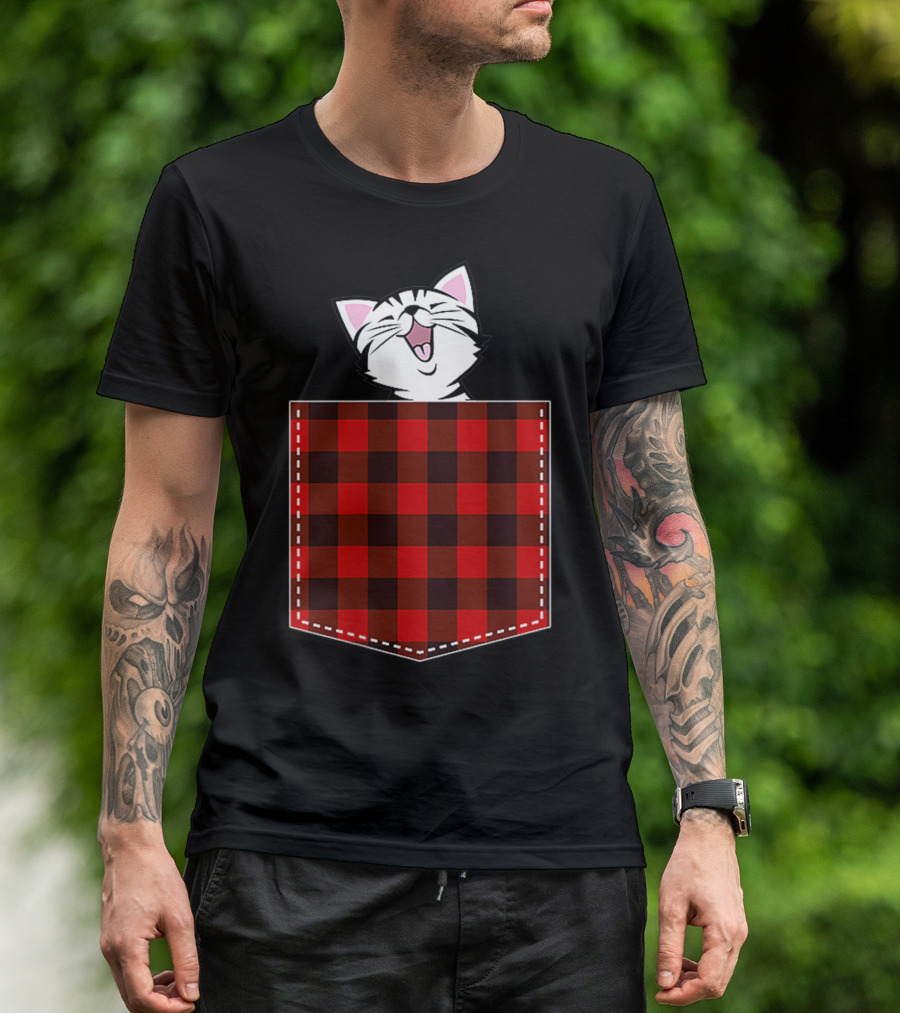 Red Plaid Pocket Cat Buffalo Check Family T-Shirt
