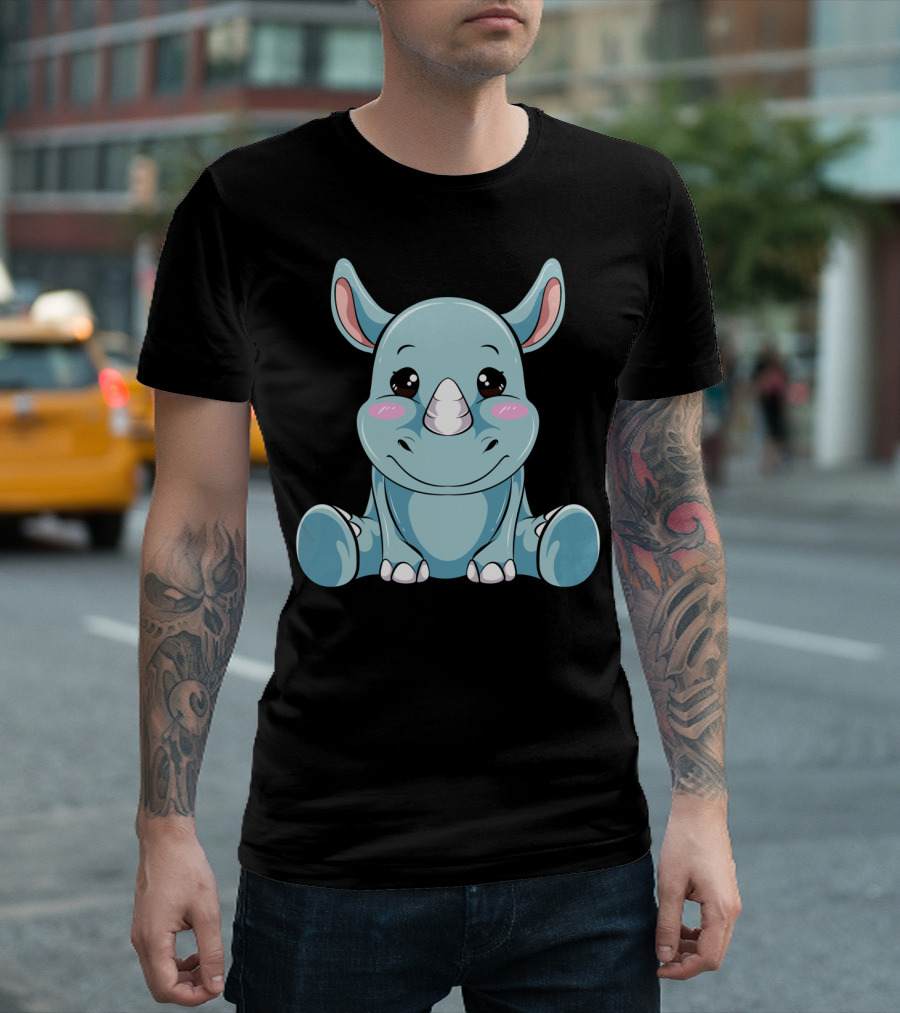 Kawaii Rhino Cute Rhinoceros Funny Chubby Adorable Sitting Character T-Shirt