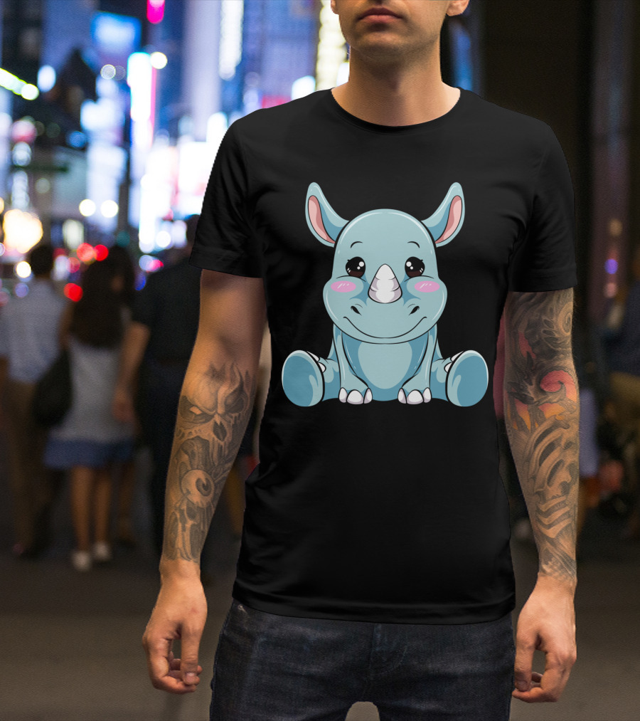 Kawaii Rhino Cute Rhinoceros Funny Chubby Adorable Sitting Character T-Shirt