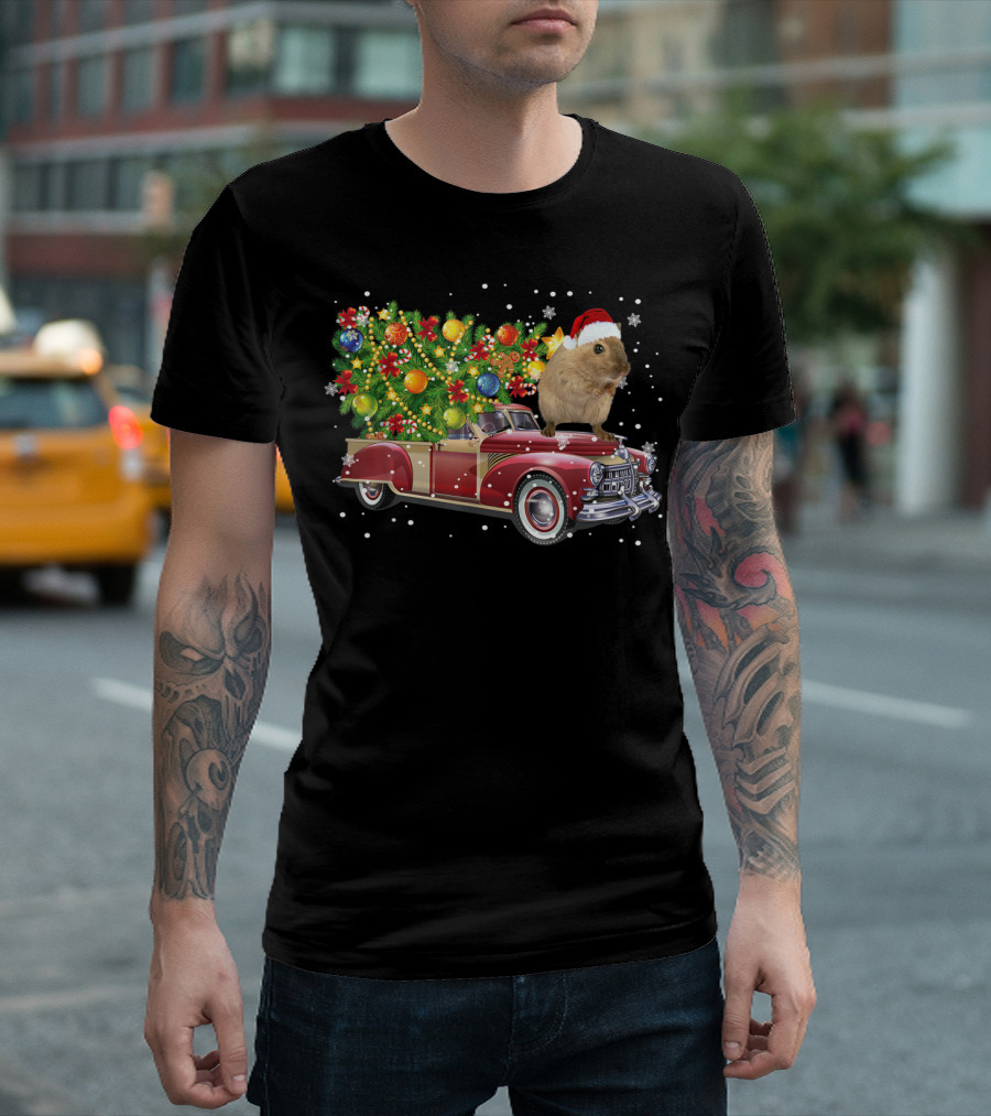 Hamster Wearing Santa Hat Riding Red Vintage Truck with Christmas Tree and Ornaments T-Shirt