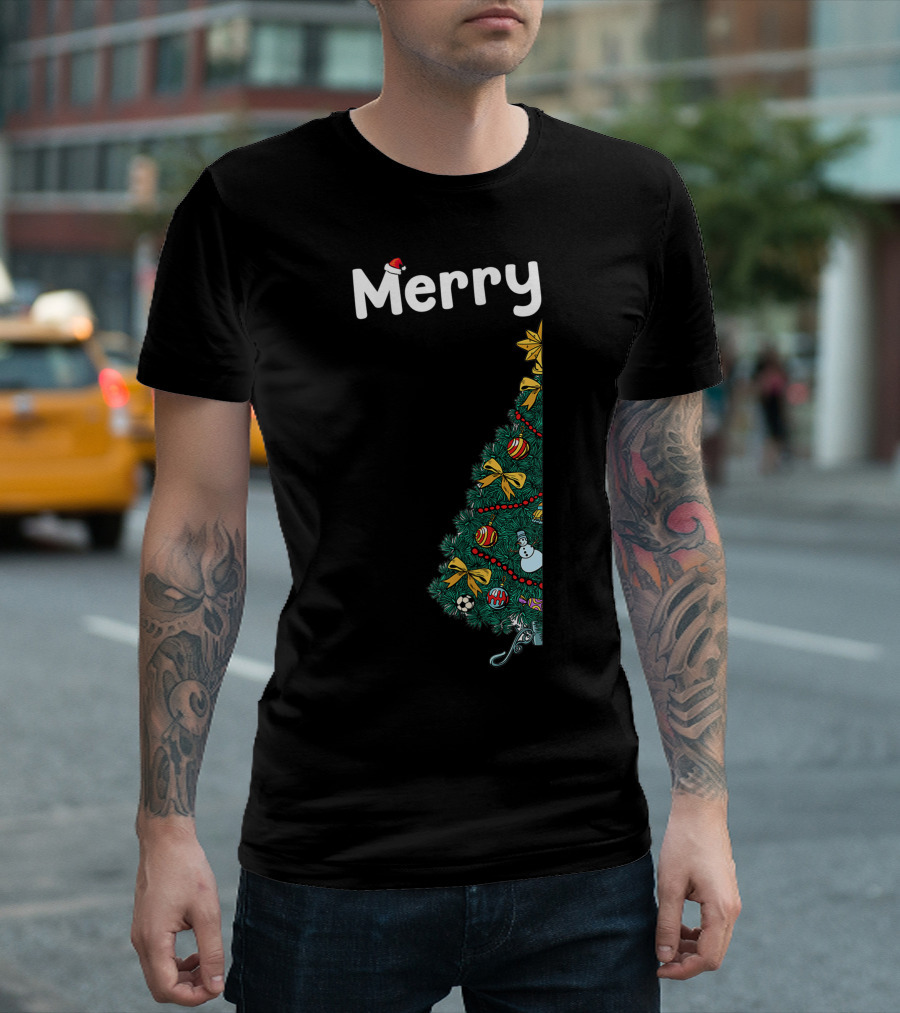 Merry Christmas Tree with Festive Decor and Snowman T-Shirt