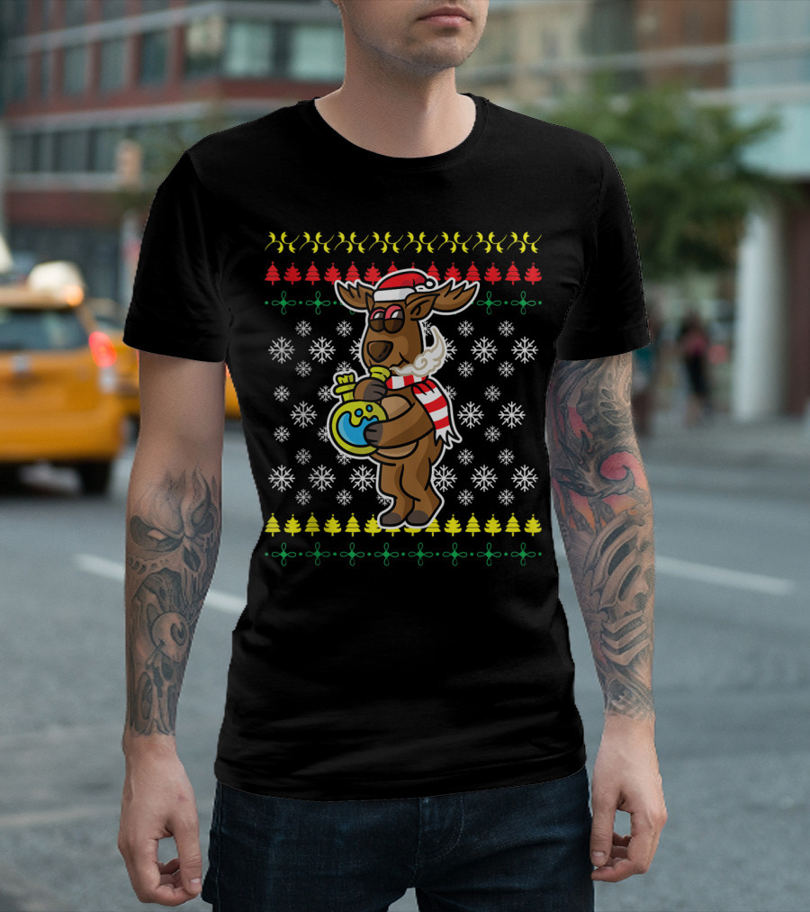 Reindeer Smoking Weed Stoned Rudolph Ugly Christmas Sweater Snowflakes T-Shirt