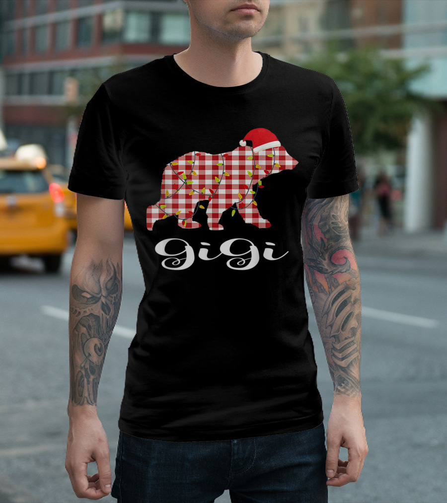 Gigi Bear Plaid Santa Hat Christmas Lights T-Shirt