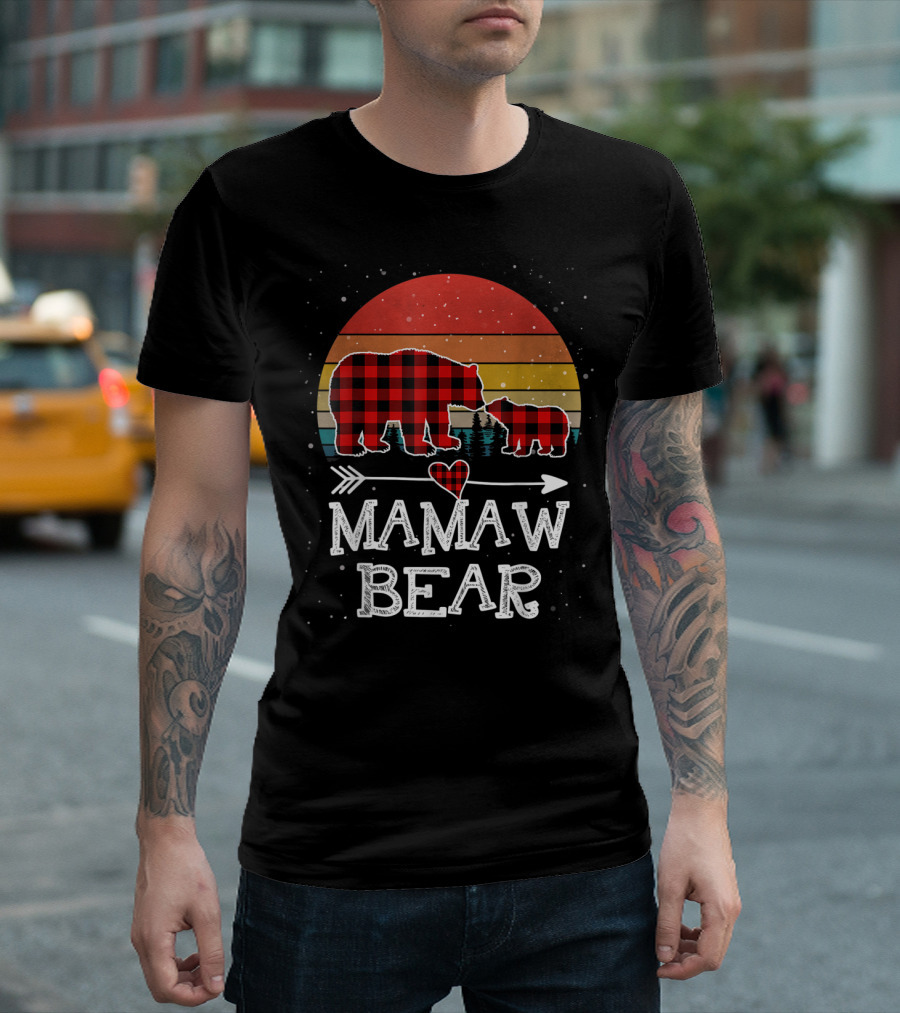 Mamaw Bear Red Plaid Buffalo Christmas Vintage Sunset T-Shirt