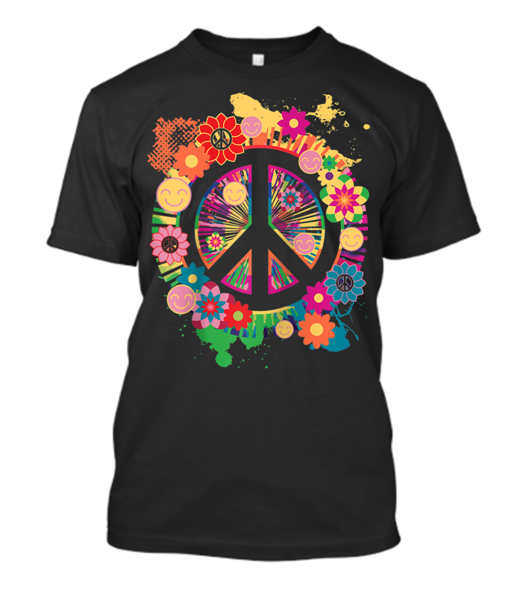 Peace Sign With Colorful Flowers And Smiley Faces 60's 70's Hippie T-Shirt