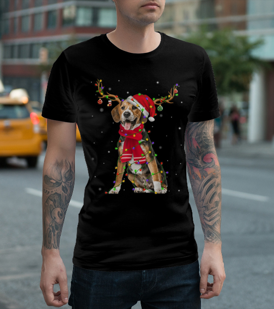 Beagle Reindeer Red Scarf Christmas Lights Santa Hat Antlers Snowflakes T-Shirt