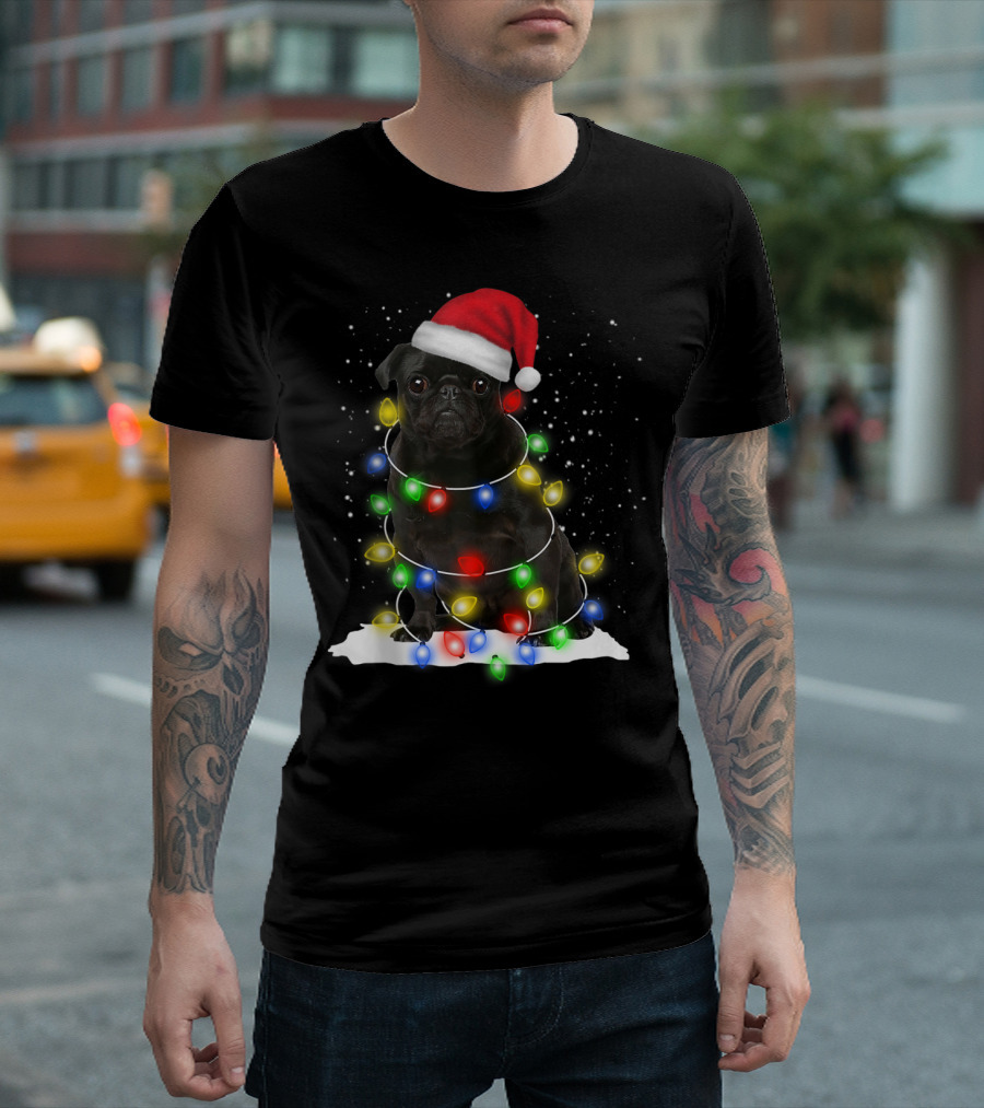 Christmas Pug Wrapped in Festive Fairy Lights with Santa Hat T-Shirt