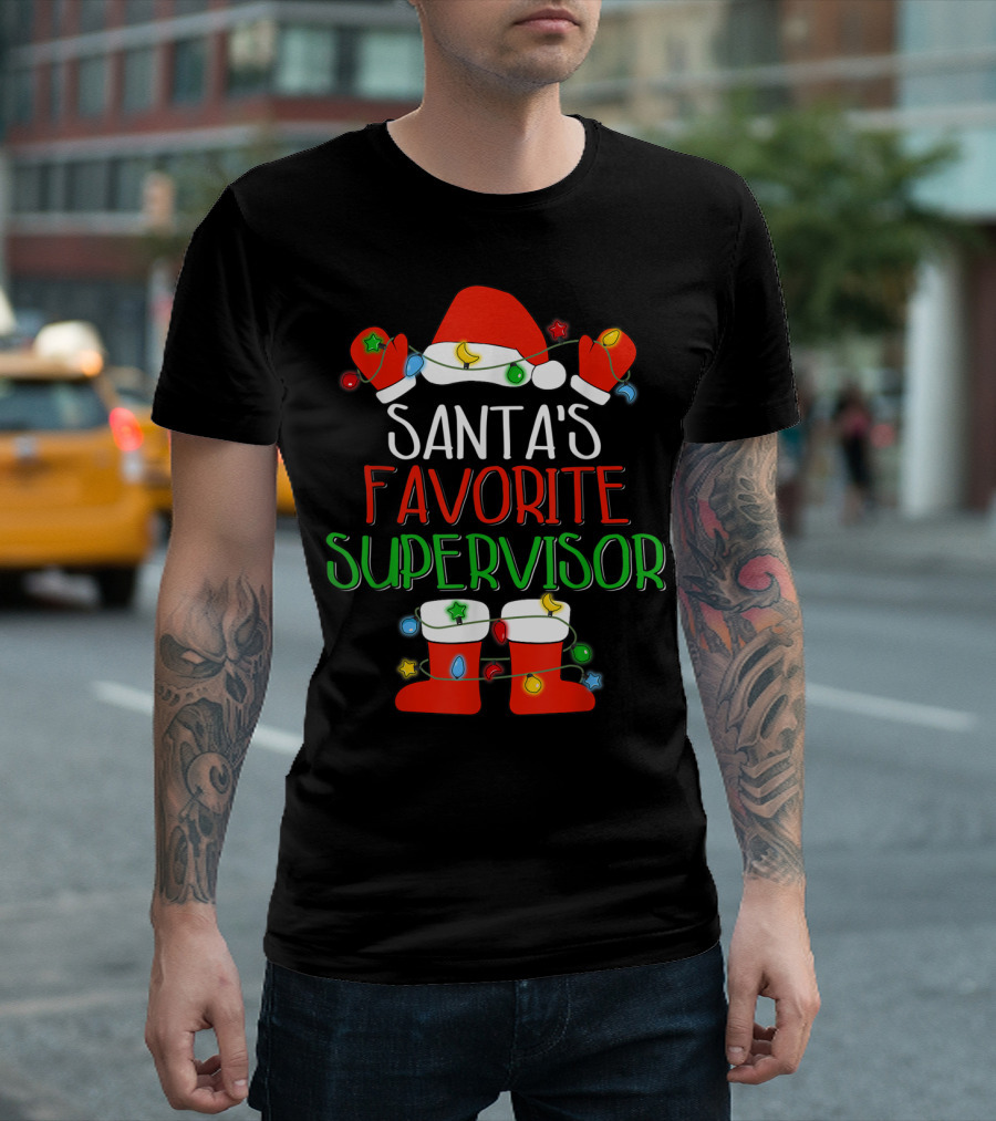 Santa's Favorite Supervisor Christmas Lights Hat And Boots T-Shirt
