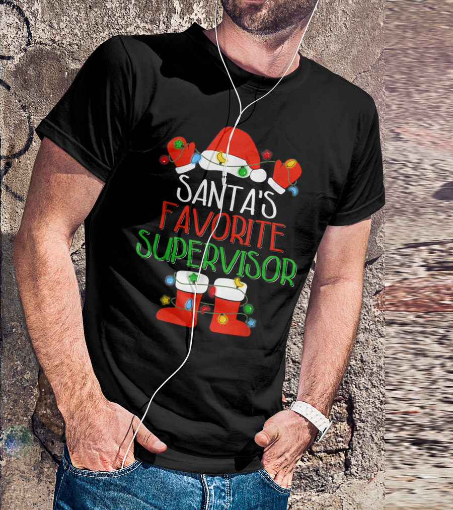 Santa's Favorite Supervisor Christmas Lights Hat And Boots T-Shirt