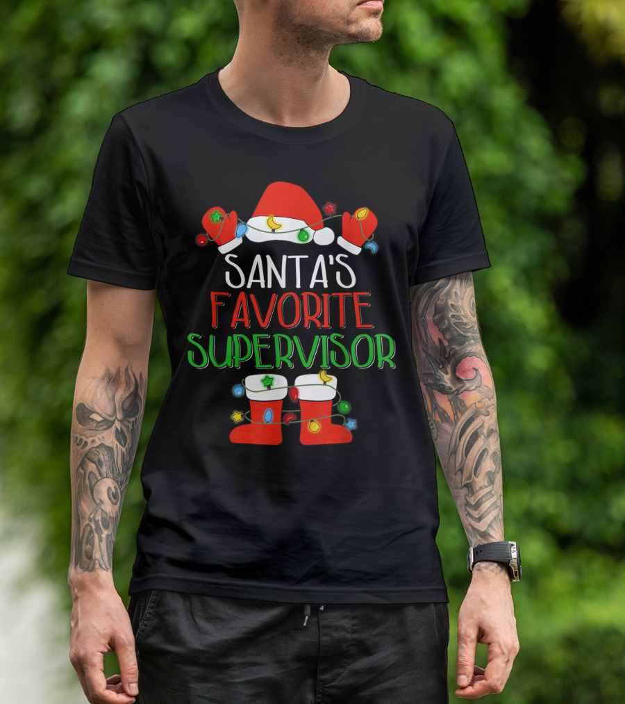 Santa's Favorite Supervisor Christmas Lights Hat And Boots T-Shirt