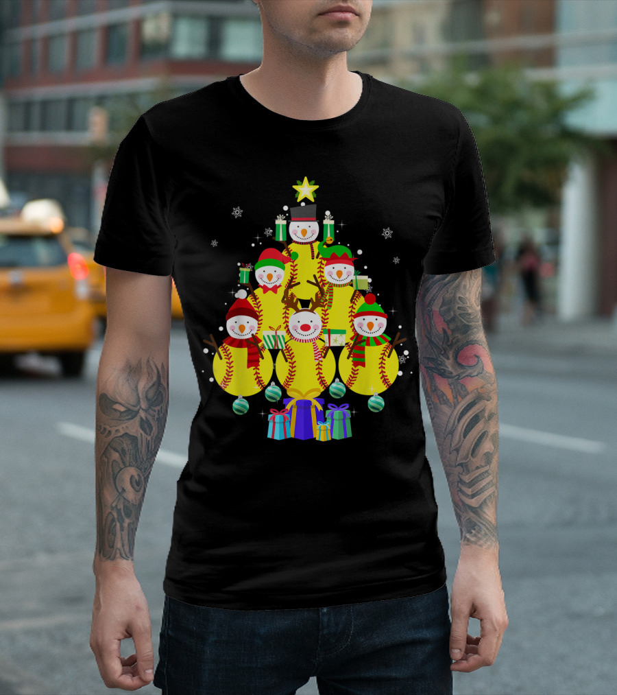 Softball Christmas Snowman Tree with Gifts for Funny Sport Lovers T-Shirt