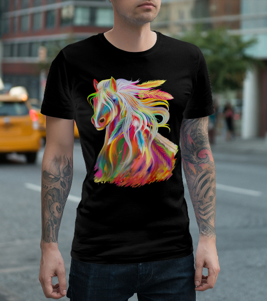Horse Head Watercolor Rainbow Feathers T-Shirt