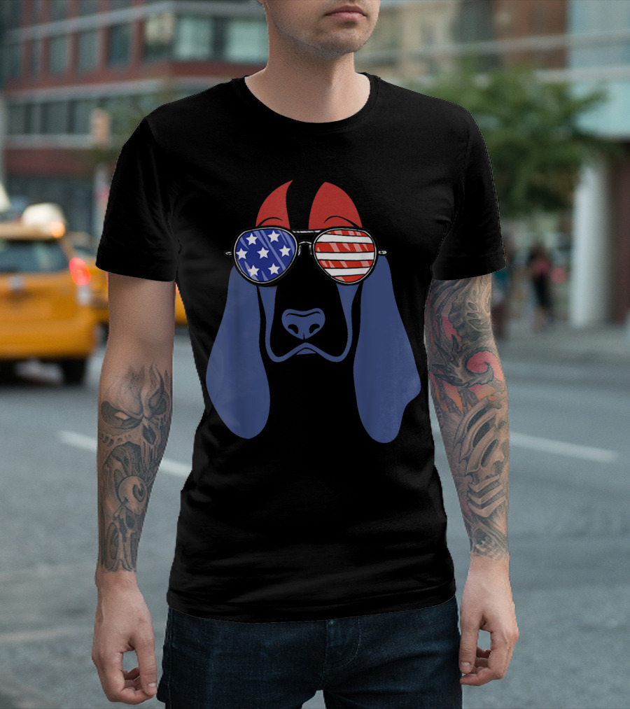 4th of July Patriotic Basset Hound with American Flag Sunglasses T-Shirt