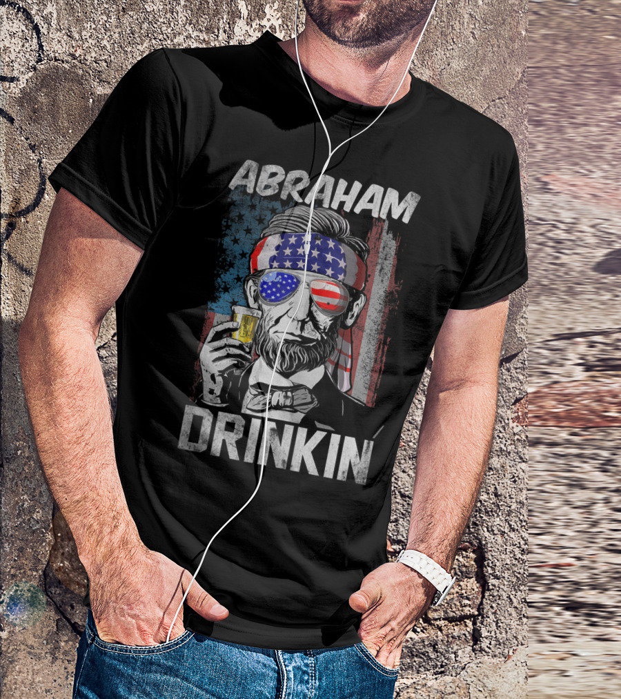 Abraham Drinkin Funny Abe Lincoln Merica USA Flag Bandana Sunglasses Beer T-Shirt