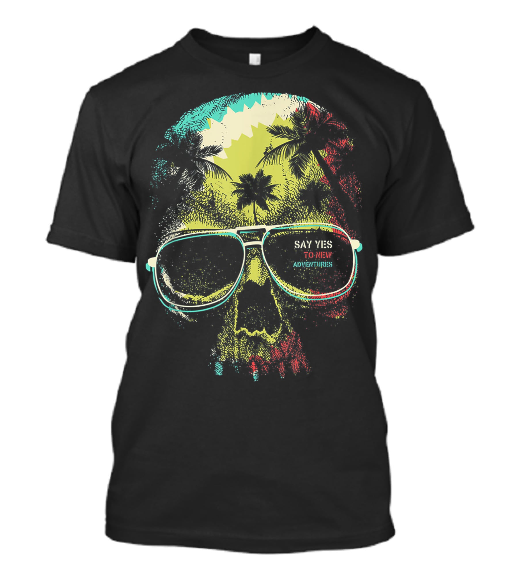 Say Yes To New Adventures Skull With Sunglasses And Palm Trees T-Shirt