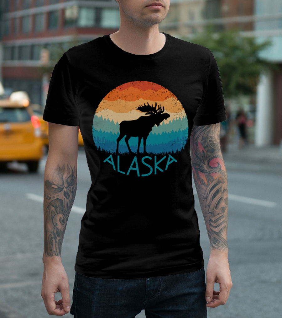 Alaska Retro Moose Vintage Mountain State Sunset Scene T-Shirt