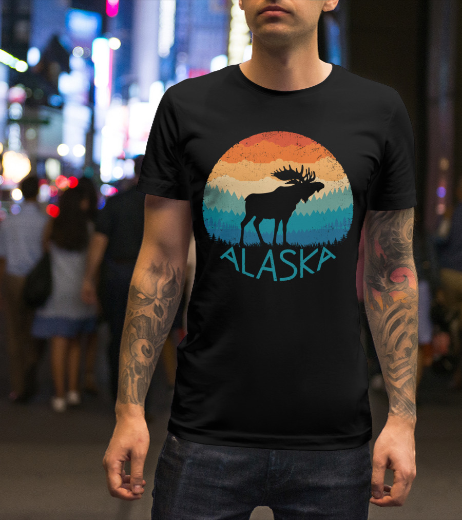 Alaska Retro Moose Vintage Mountain State Sunset Scene T-Shirt