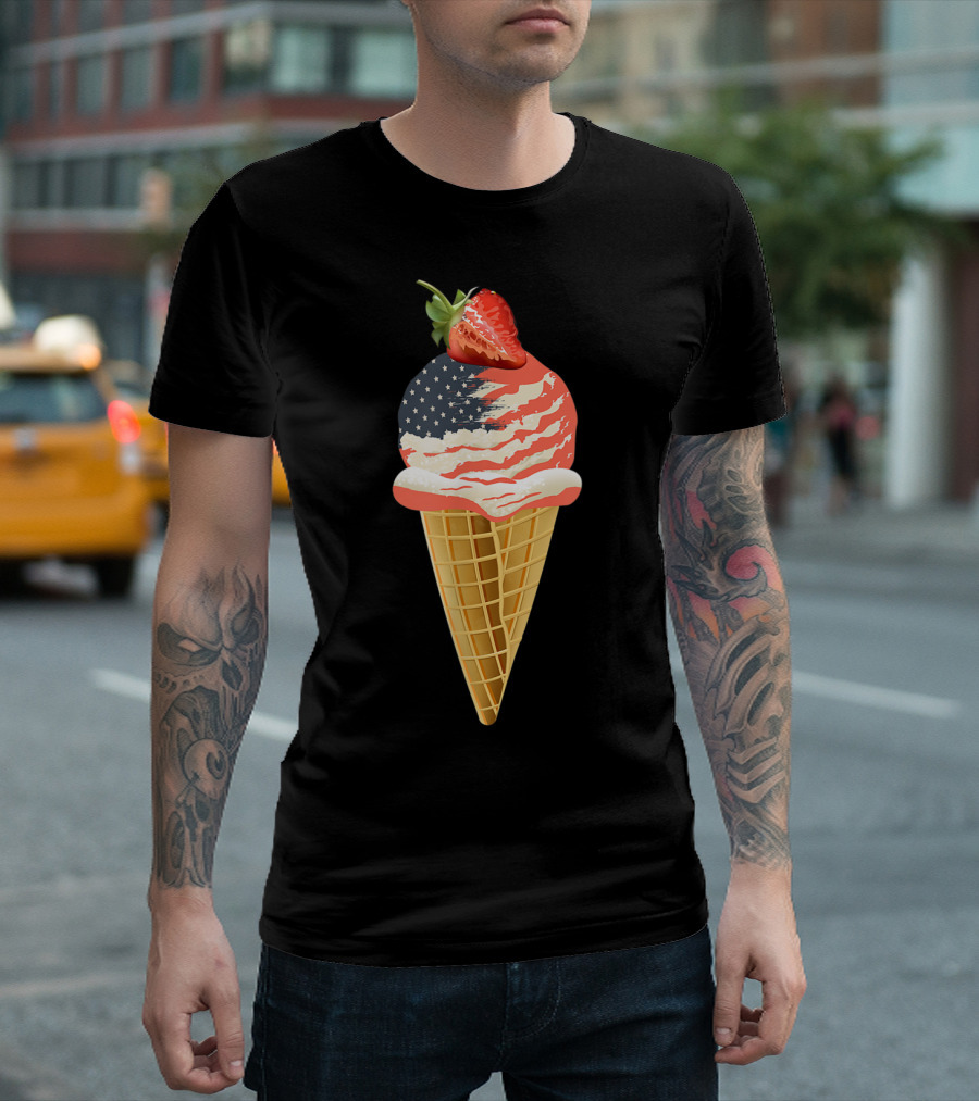 American Flag Ice Cream Cone With Strawberry Patriotic 4th Of July Fun T-Shirt