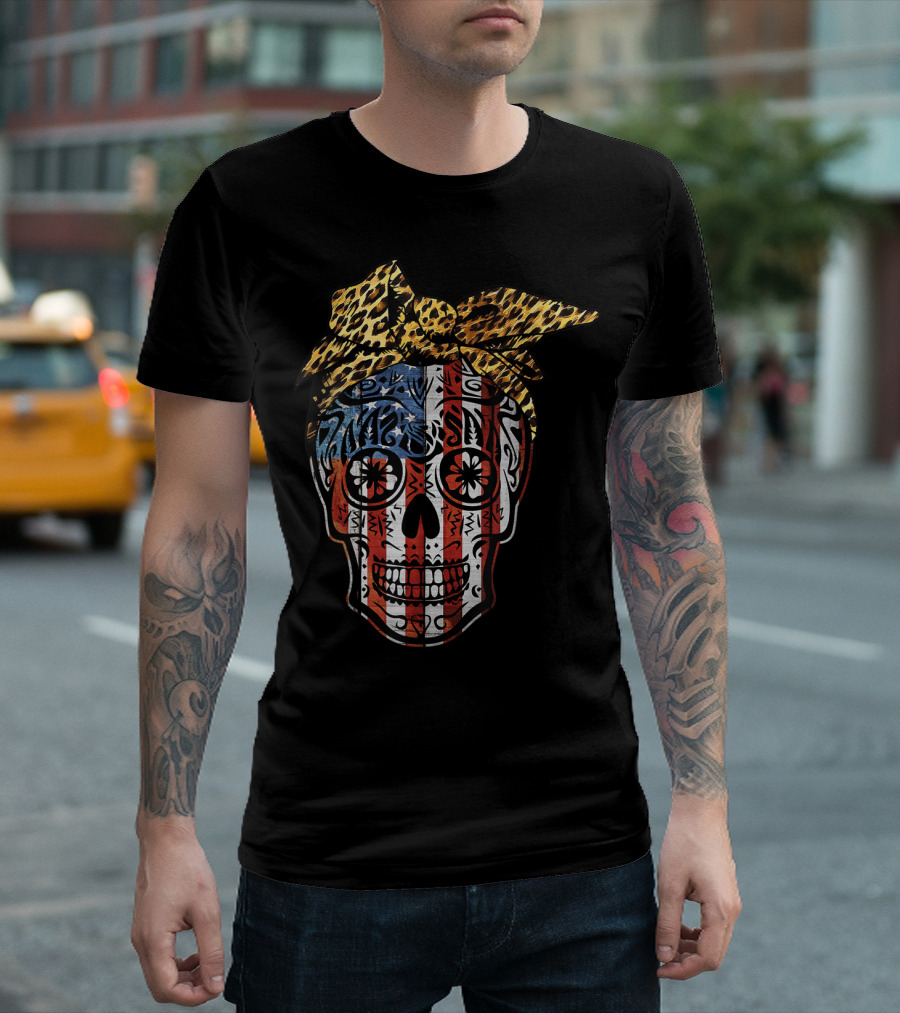 American Sugar Skull with Patriotic Stripes and Leopard Print Bow Fourth of July T-Shirt
