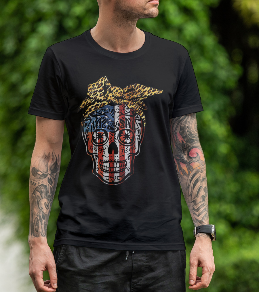 American Sugar Skull With Patriotic Stripes And Leopard Print Bow Fourth Of July T-Shirt