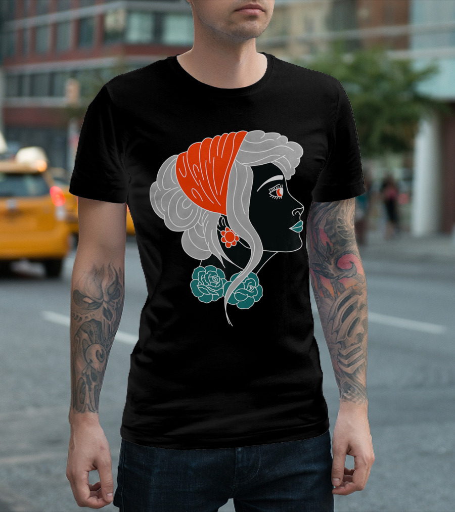 American Traditional Tattoo Gypsy Woman with Orange Headscarf and Roses T-Shirt
