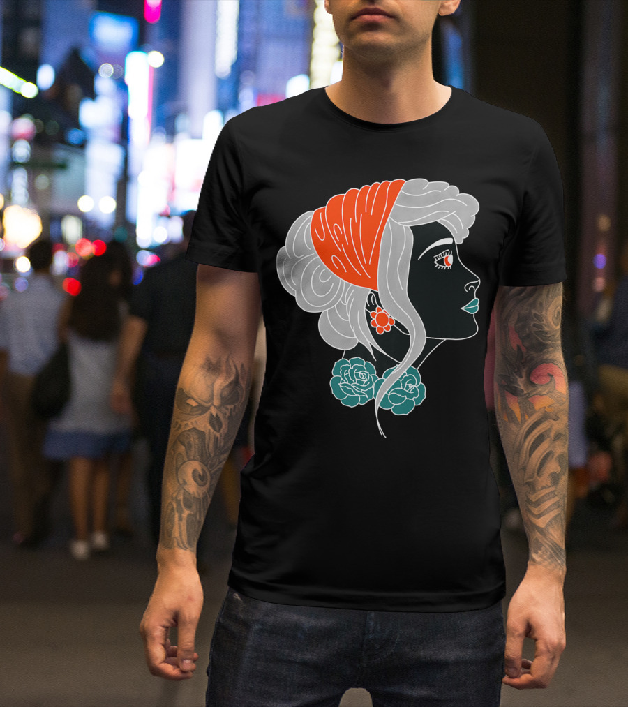 American Traditional Tattoo Gypsy Woman With Orange Headscarf And Roses T-Shirt