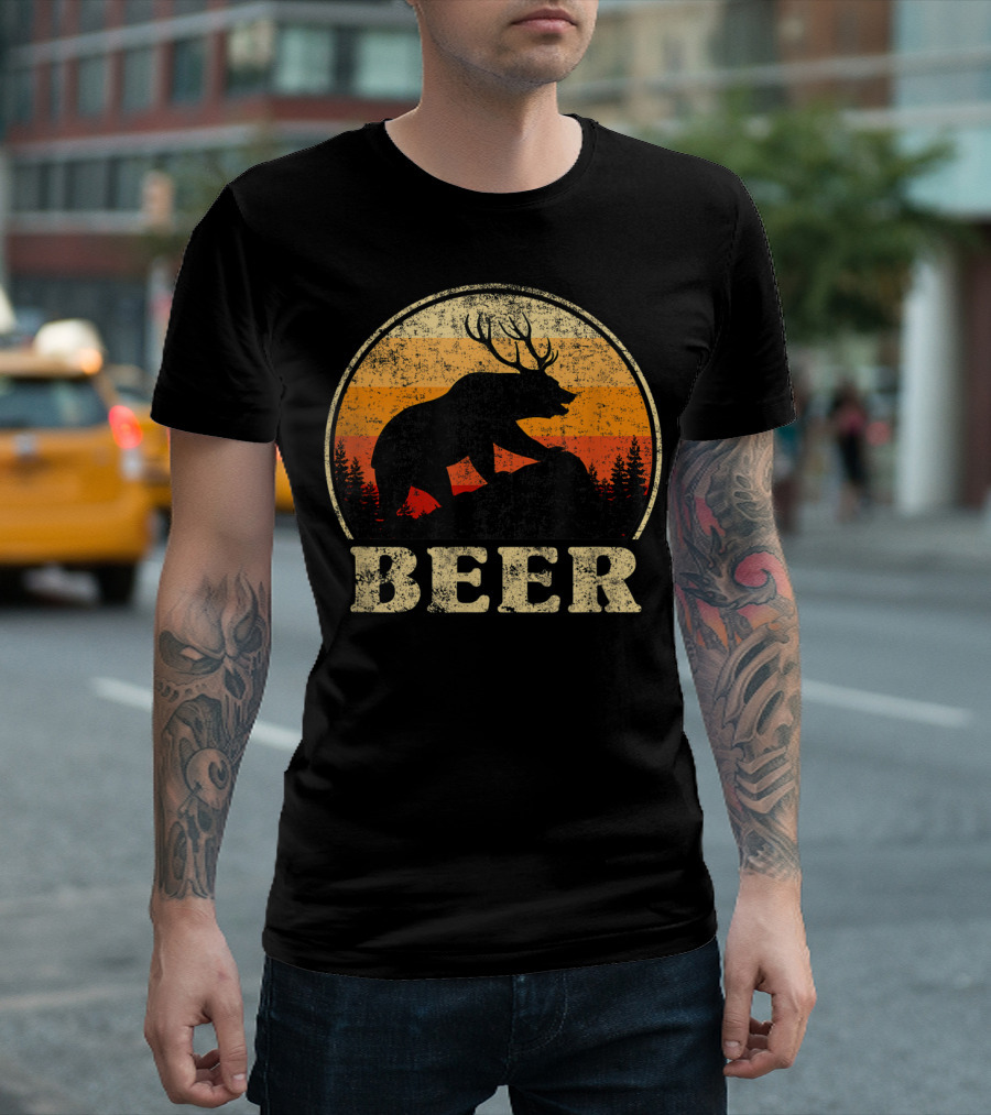 Bear Deer Beer Retro Vintage Silhouette Forest Sunset T-Shirt