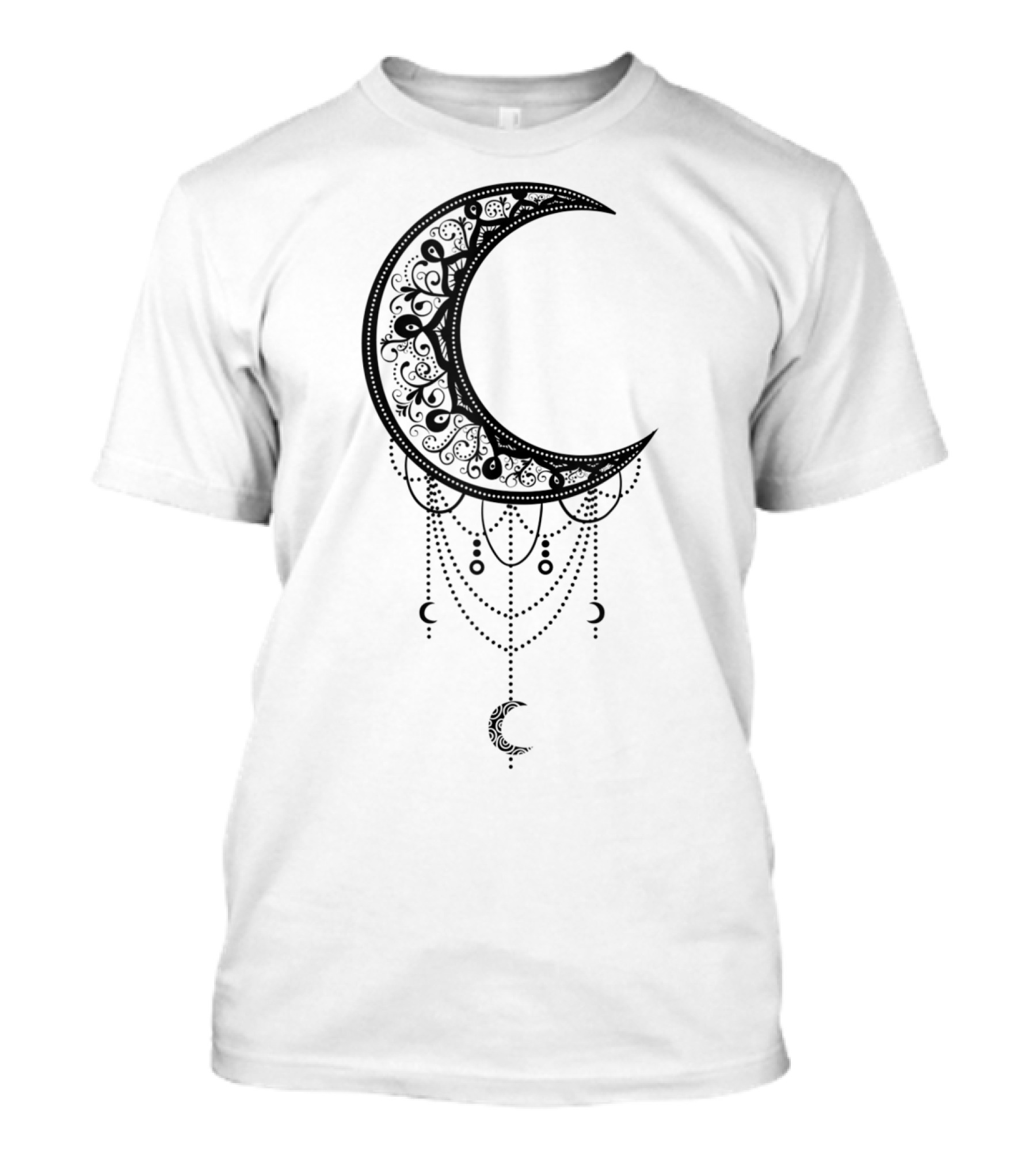 Beautiful Black Crescent Moon Dreamcatcher Design With Intricate Patterns And Hanging Beads T-Shirt