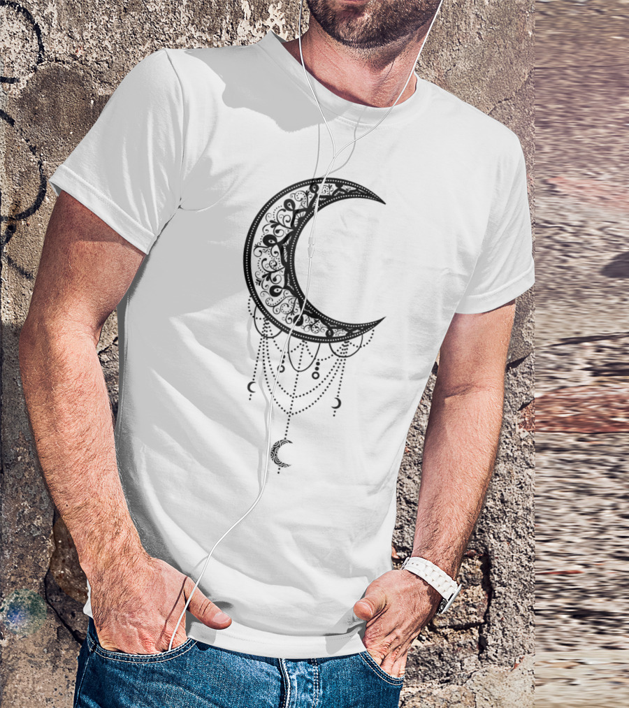 Beautiful Black Crescent Moon Dreamcatcher Design With Intricate Patterns And Hanging Beads T-Shirt