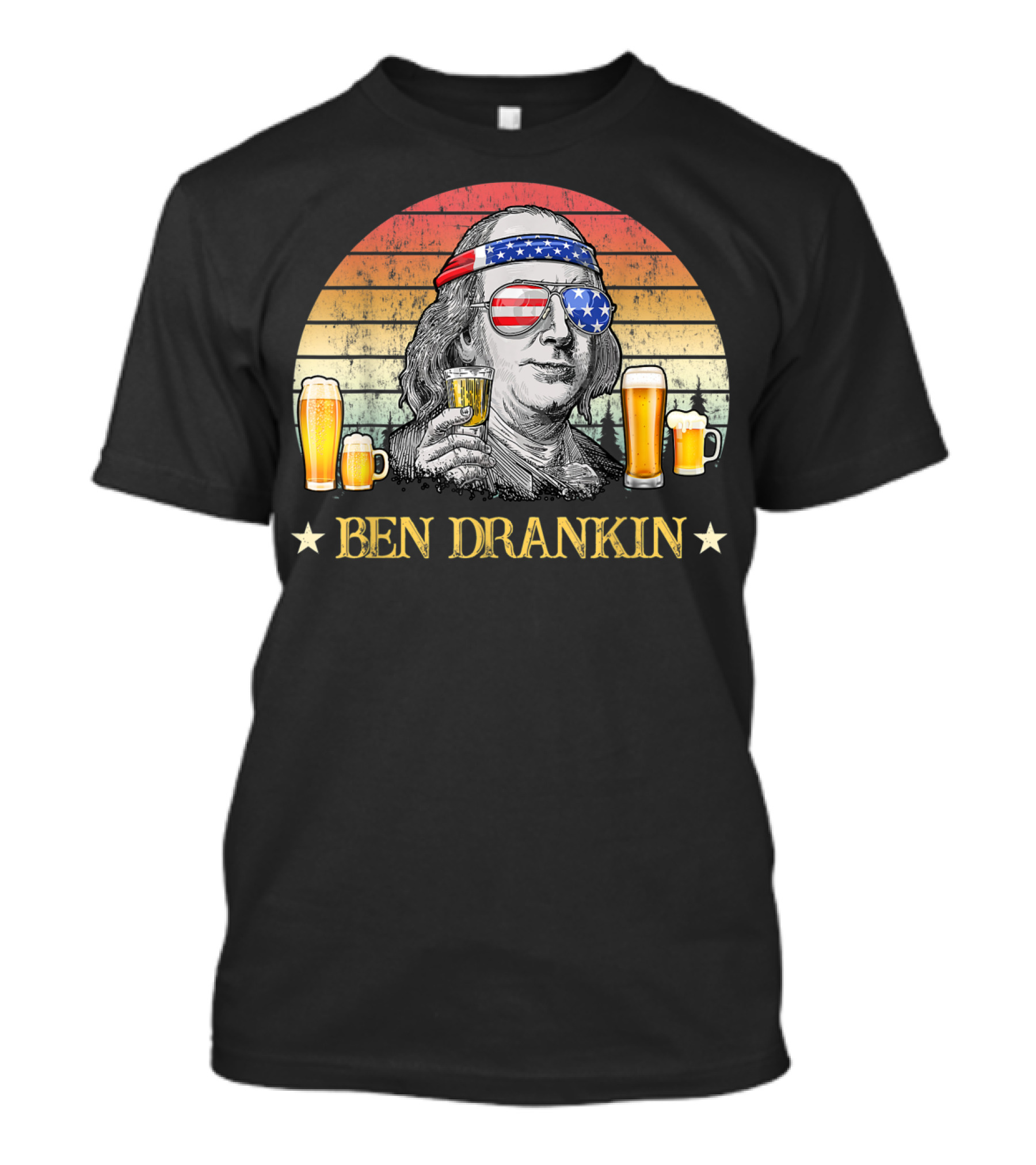 Ben Drankin 4th Of July Beer Mug Patriotic Sunglasses USA Flag T-Shirt