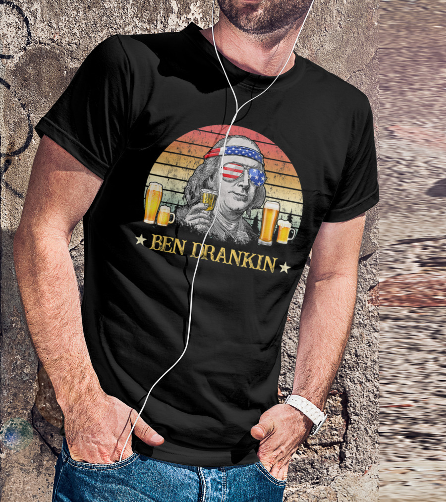 Ben Drankin 4th Of July Beer Mug Patriotic Sunglasses USA Flag T-Shirt