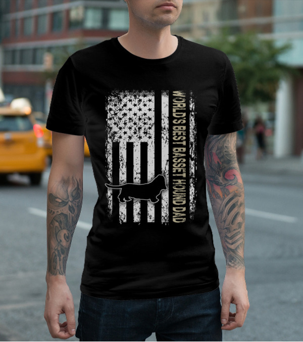 World's Best Basset Hound Dad Patriotic USA Flag T-Shirt