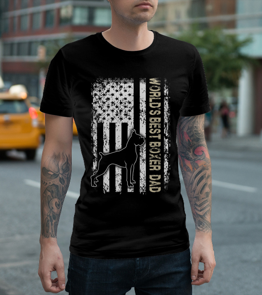 World's Best Boxer Dad Dog Lovers American Flag T-Shirt