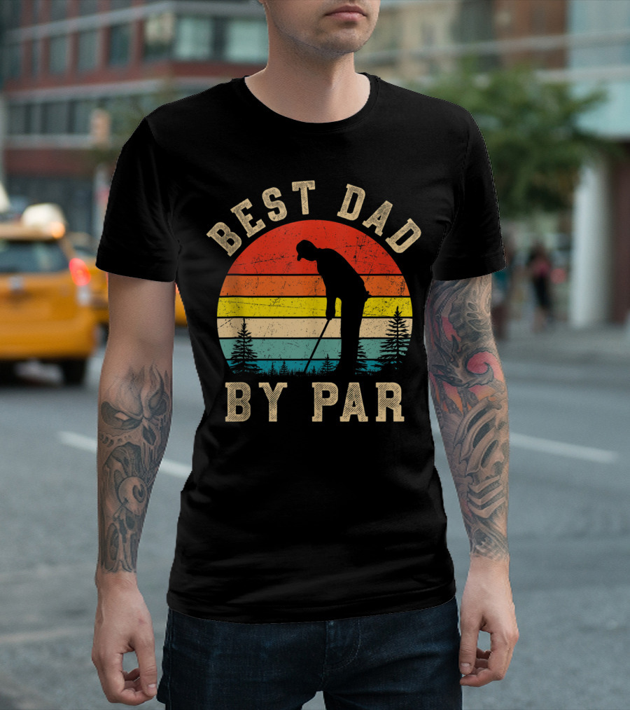 Best Dad By Par Daddy Golf Lover Golfer Retro Vintage Sunset T-Shirt