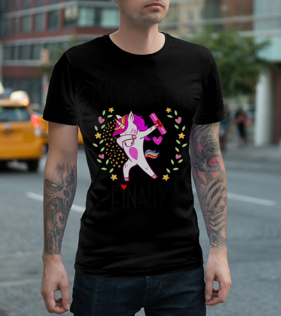 Big Sister Finally Unicorn with Stars and Hearts T-Shirt